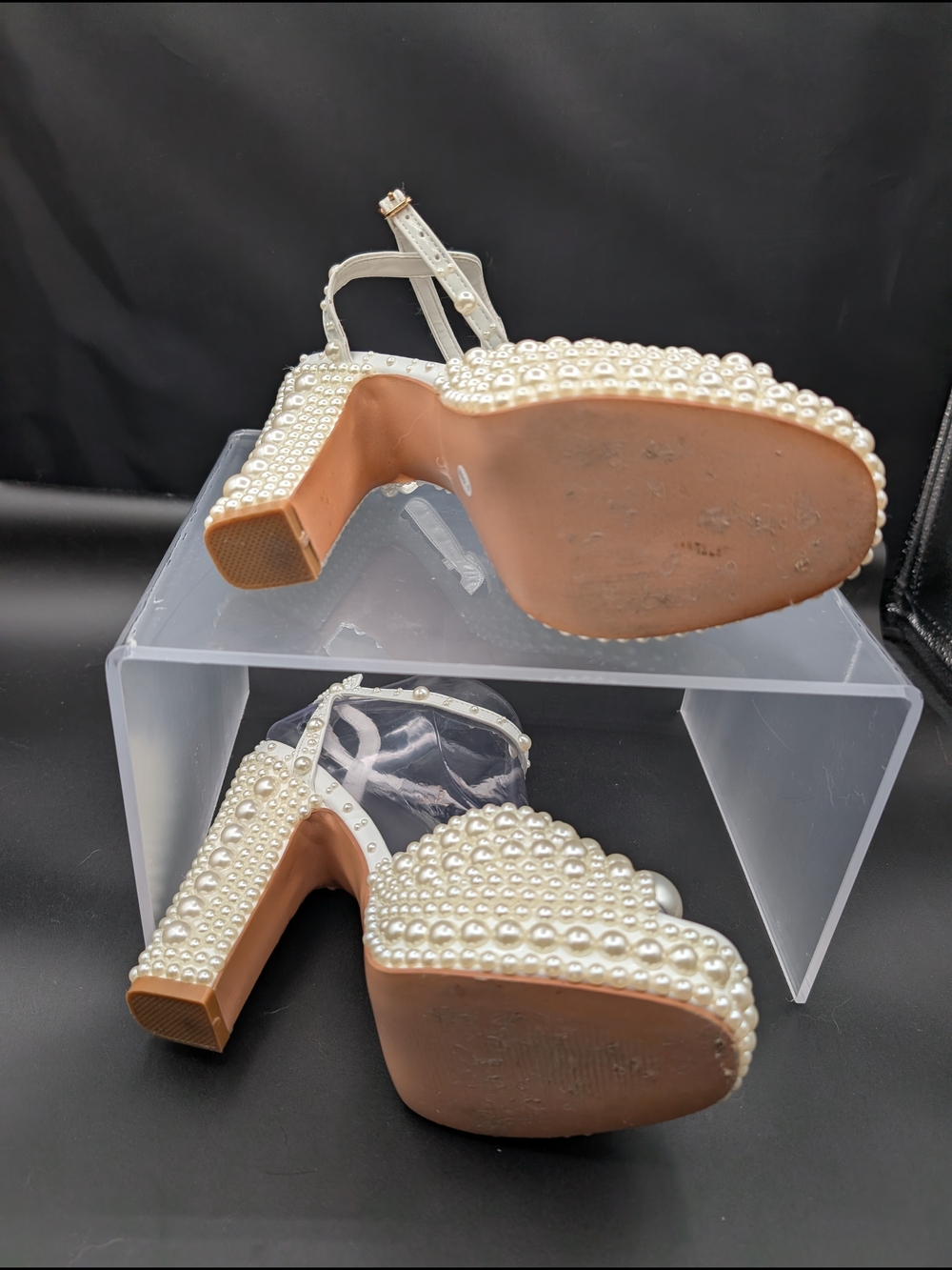Ivory Pearl-Embellished Platform Heels with Ankle Strap - Picture 3 of 5
